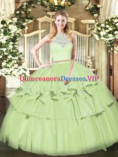 Elegant Olive Green Organza Zipper Sweet 16 Quinceanera Dress Sleeveless Floor Length Lace and Ruffled Layers - Click Image to Close