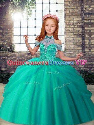 High-neck Sleeveless Lace Up Pageant Dress for Teens Turquoise Tulle