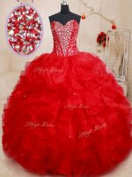 Organza Sweetheart Sleeveless Lace Up Beading and Ruffles Sweet 16 Dresses in Red