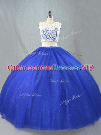 Charming Royal Blue Scoop Neckline Lace Sweet 16 Quinceanera Dress Sleeveless Zipper