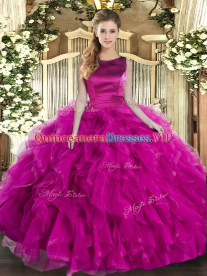 Smart Sleeveless Tulle Floor Length Lace Up Sweet 16 Dress in Fuchsia with Ruffles - Click Image to Close