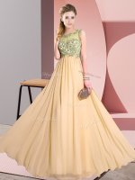 Floor Length Peach Quinceanera Court Dresses Scoop Sleeveless Backless