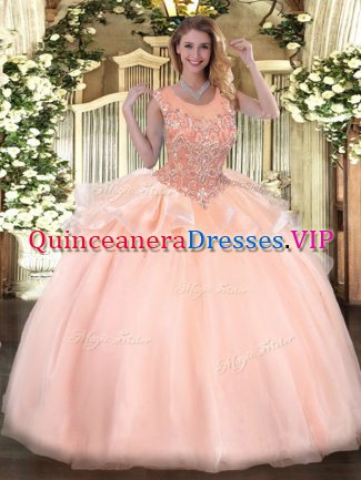 Amazing Peach Ball Gowns Organza Scoop Sleeveless Beading Floor Length Zipper Sweet 16 Quinceanera Dress