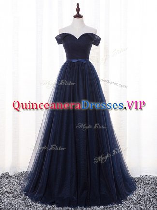 Sleeveless Tulle Floor Length Lace Up Damas Dress in Navy Blue with Belt