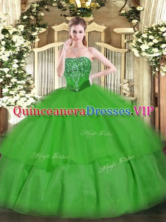 Strapless Sleeveless Tulle Sweet 16 Dress Beading and Ruffled Layers Lace Up