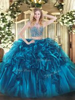 Clearance Blue Two Pieces Organza Scoop Sleeveless Beading and Ruffles Floor Length Lace Up Ball Gown Prom Dress