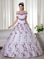 White Organza Lace Up Off The Shoulder Short Sleeves Floor Length Quinceanera Gown Embroidery(SKU ZY438-2BIZ)