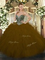 Sweetheart Sleeveless Quince Ball Gowns Floor Length Beading and Ruffles Brown Tulle