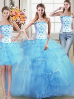 Three Piece Floor Length Light Blue 15th Birthday Dress Strapless Sleeveless Lace Up