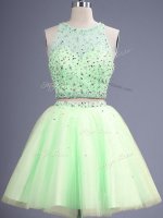 Enchanting Yellow Green Tulle Lace Up Scoop Sleeveless Knee Length Vestidos de Damas Beading