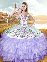 Lavender Lace Up Quince Ball Gowns Embroidery and Ruffled Layers Sleeveless Floor Length