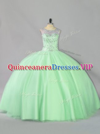 Sexy Sleeveless Tulle Floor Length Lace Up Quinceanera Gown in Apple Green with Sequins