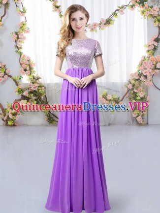 Floor Length Empire Short Sleeves Purple Dama Dress Zipper