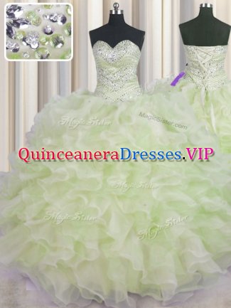 Cheap Yellow Green Sleeveless Beading and Ruffles Floor Length Vestidos de Quinceanera