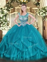 Teal Ball Gowns Beading and Ruffles Quinceanera Dresses Lace Up Tulle Sleeveless Floor Length