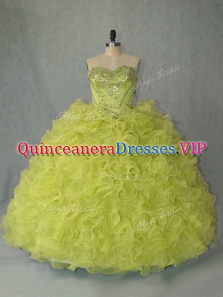 Fancy Brush Train Ball Gowns Quinceanera Dress Yellow Green Sweetheart Organza Sleeveless Lace Up