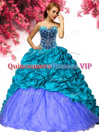 Fashion Pick Ups Ball Gowns Sleeveless Teal Vestidos de Quinceanera Brush Train Lace Up