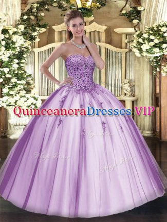 Lavender Sleeveless Tulle Lace Up Quince Ball Gowns for Military Ball and Sweet 16 and Quinceanera