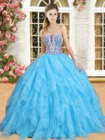 Floor Length Aqua Blue 15th Birthday Dress Organza Sleeveless Beading and Ruffles