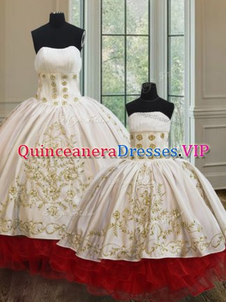 Simple White and Red Quince Ball Gowns Military Ball and Sweet 16 and Quinceanera with Embroidery and Ruffled Layers Strapless Sleeveless Lace Up