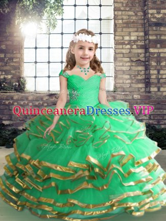 Best Tulle Straps Sleeveless Lace Up Beading and Ruffles Pageant Gowns in Apple Green