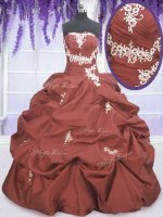 Rust Red Taffeta Lace Up Strapless Sleeveless Floor Length Quinceanera Gowns Appliques and Pick Ups