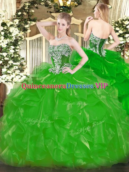 Eye-catching Sleeveless Organza Floor Length Lace Up Sweet 16 Quinceanera Dress in Green with Beading and Ruffles - Click Image to Close