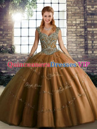 Eye-catching Sleeveless Floor Length Beading and Appliques Lace Up Quinceanera Dress with Brown