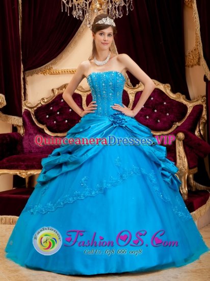 La Coruna Spain Stylish Quinceanera Dress For Strapless Teal Taffeta and Tulle Lace and Appliques Ball Gown - Click Image to Close