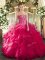 Noble Hot Pink Ball Gowns Embroidery Sweet 16 Dress Lace Up Organza and Printed Sleeveless Floor Length