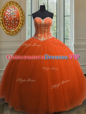 Sleeveless Floor Length Beading and Sequins Lace Up Sweet 16 Dress with Orange Red