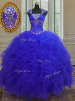 Custom Designed Sequins High Low Blue Sweet 16 Dresses Straps Cap Sleeves Lace Up