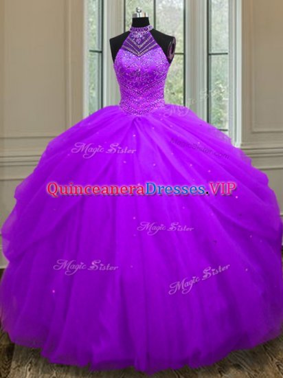 Halter Top Tulle Sleeveless Floor Length Quinceanera Gown and Beading and Sequins - Click Image to Close