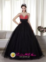 Abbeville Louisiana/LA Fashionable Tull Black and Red Princess Beaded Sweetheart Quinceanera Dress