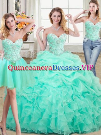 New Style Three Piece Organza Sweetheart Sleeveless Lace Up Beading and Ruffles and Pick Ups Quince Ball Gowns in Apple Green