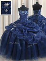 Navy Blue Ball Gowns Organza Sweetheart Sleeveless Appliques and Pick Ups Floor Length Lace Up Sweet 16 Dress