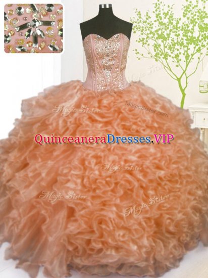 Popular Sleeveless Organza Floor Length Lace Up Quinceanera Dresses in Orange with Beading and Ruffles and Pick Ups - Click Image to Close