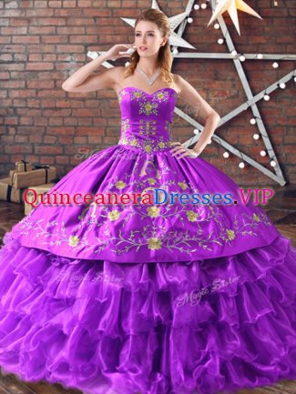 Floor Length Purple Quince Ball Gowns Sweetheart Sleeveless Lace Up