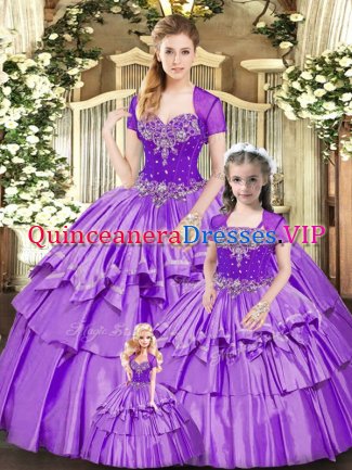 Fashion Lavender Organza and Taffeta Lace Up 15th Birthday Dress Sleeveless Floor Length Beading and Ruffled Layers