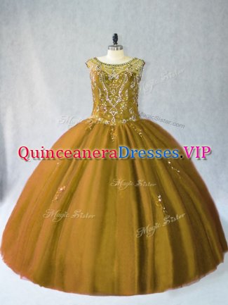 Trendy Sleeveless Floor Length Beading Lace Up 15th Birthday Dress with Brown