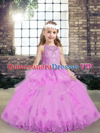 Attractive Floor Length Lilac Little Girls Pageant Gowns Scoop Sleeveless Lace Up