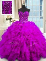 Purple Sleeveless Floor Length Beading and Ruffles and Sequins Lace Up Military Ball Gown