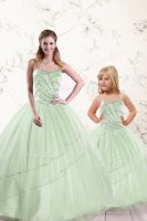 Fitting Sleeveless Tulle Floor Length Lace Up Vestidos de Quinceanera in Apple Green with Beading