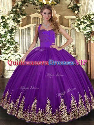 Fine Purple Halter Top Lace Up Appliques Quinceanera Dresses Sleeveless