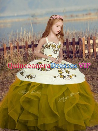 Fantastic Floor Length Ball Gowns Sleeveless Olive Green Kids Formal Wear Lace Up