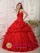 Bulle Switzerland Princess Strapless Sweetheart Neckline Beaded Decorate Red Taffeta Ruching Quinceanera Dress