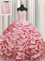 Pick Ups Brush Train Ball Gowns Quince Ball Gowns Baby Pink Sweetheart Taffeta Sleeveless Lace Up(SKU PSSW0418-9BIZ)