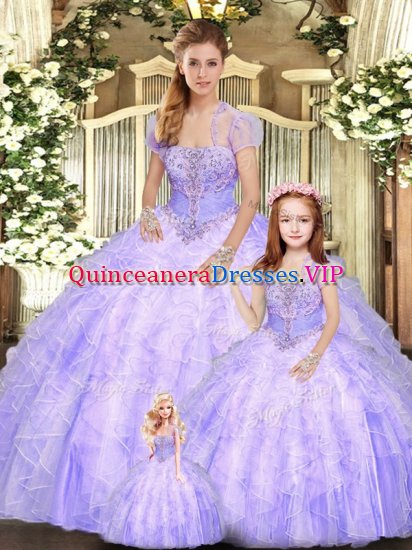 Floor Length Lace Up 15 Quinceanera Dress Lavender for Military Ball and Sweet 16 and Quinceanera with Beading and Appliques and Ruffles - Click Image to Close