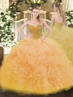 Popular Gold Ball Gowns Beading and Ruffles Sweet 16 Dress Lace Up Organza Sleeveless Floor Length