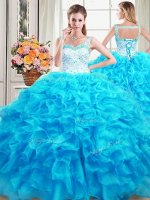 Shining Straps Floor Length Ball Gowns Sleeveless Baby Blue Sweet 16 Dresses Lace Up